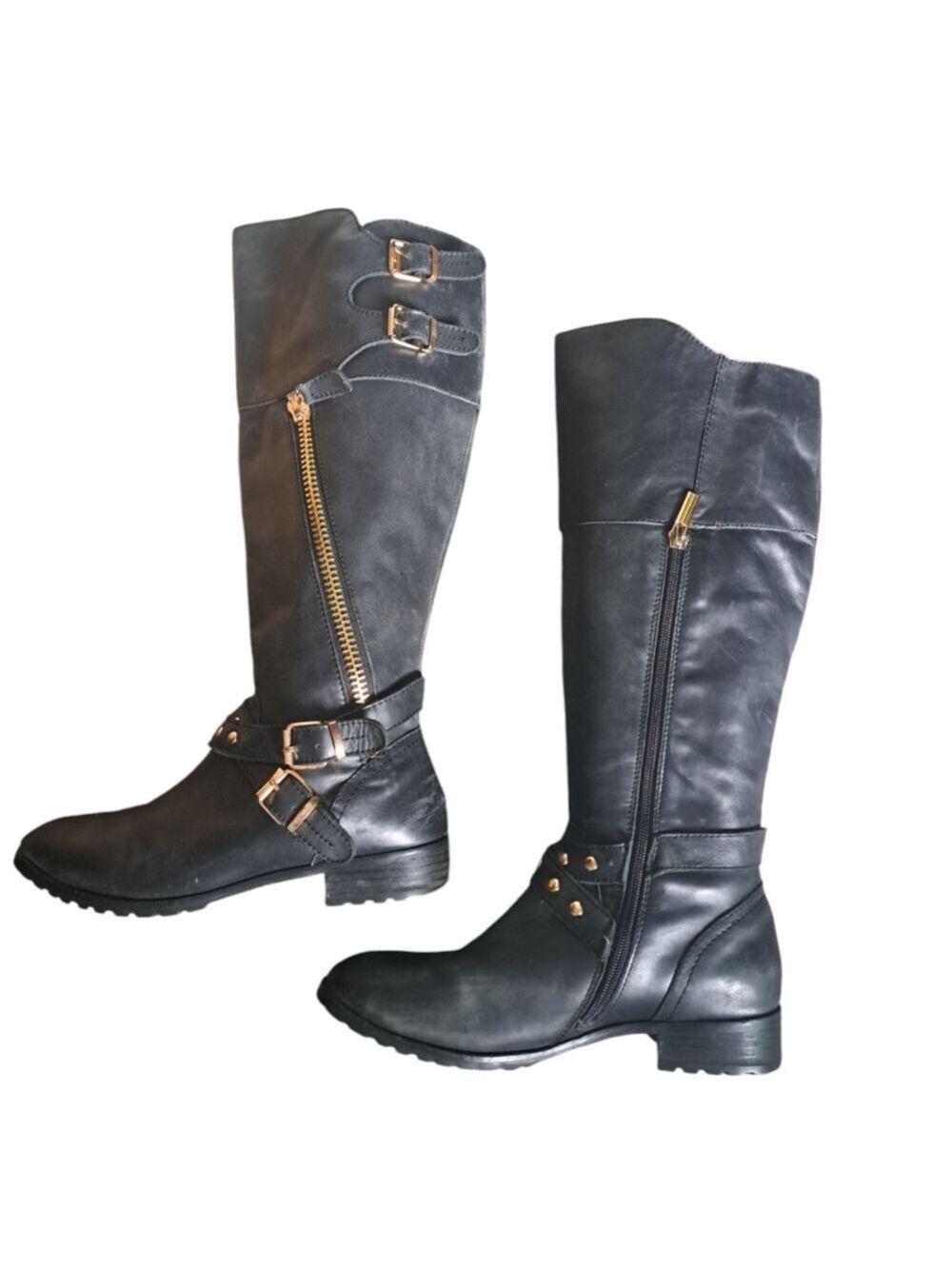 MODERN VICE EASY RIDER tall black leather boots studded buckle bikercore zip 8M